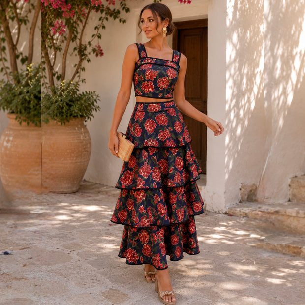 Conjunto Lina estampado floral con falda de volantes azul