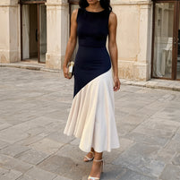 Vestido Clarisa / primavera azul marino y beige