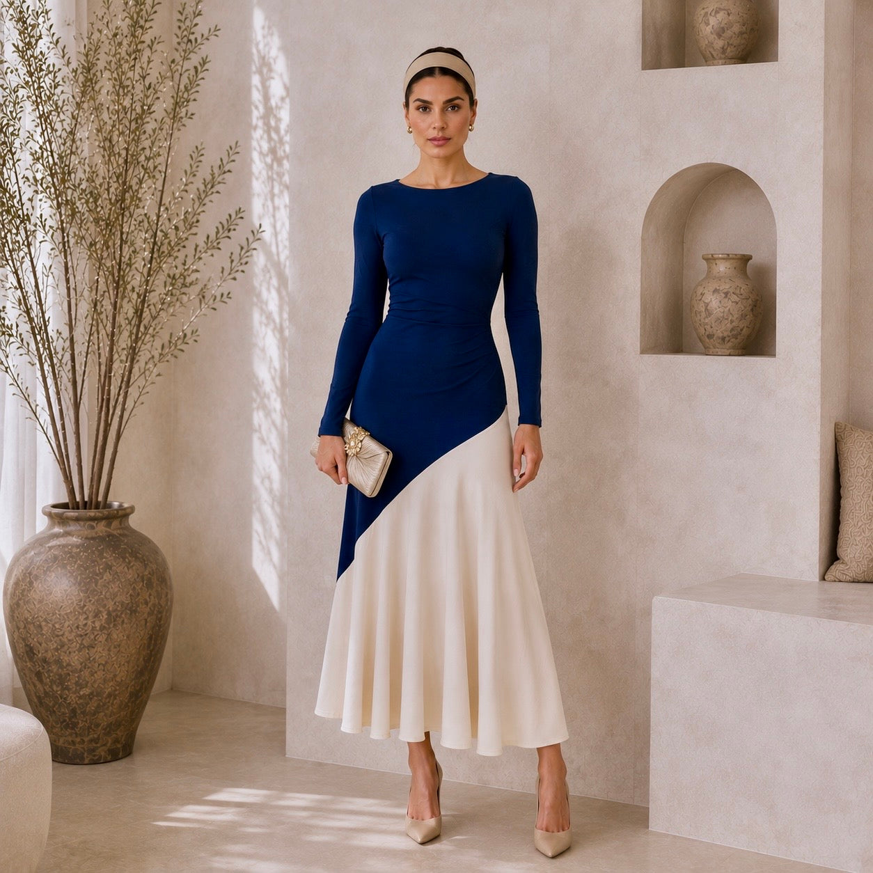 Vestido Clarisa Otoño/ Azul marino y beige