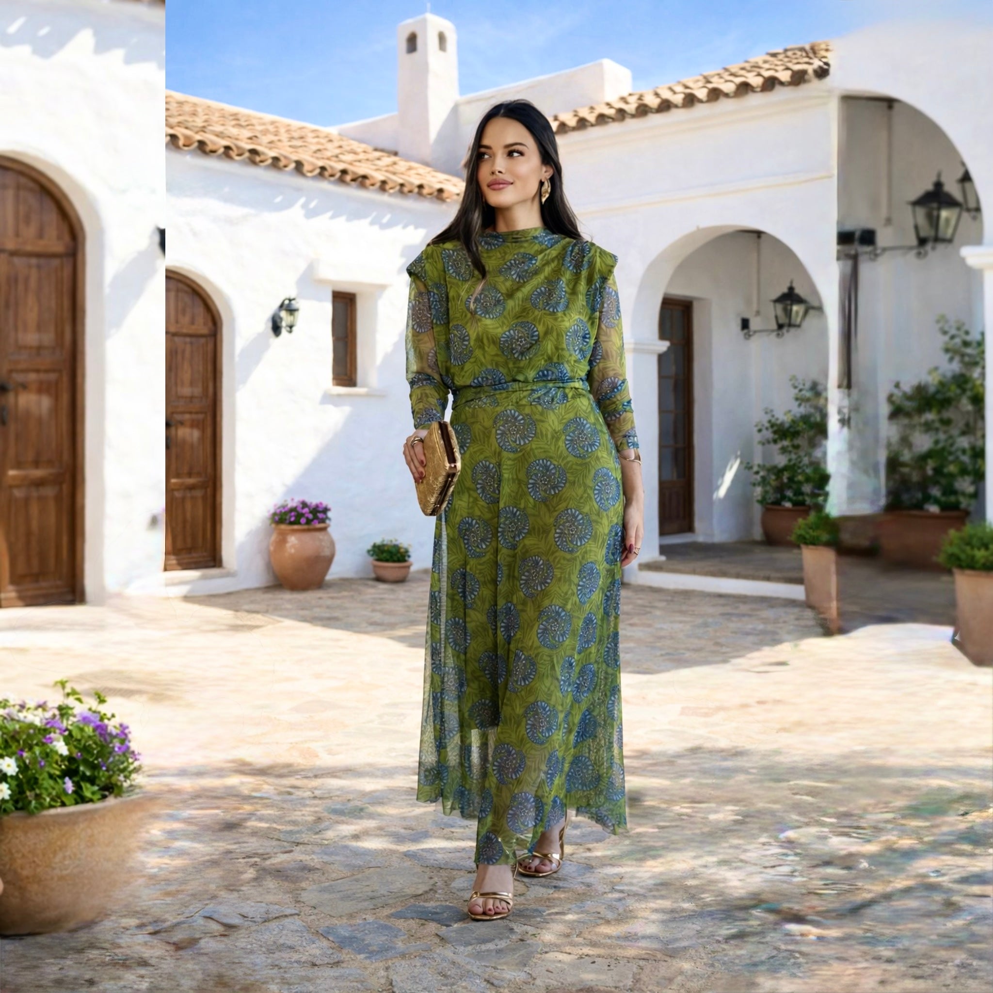 Conjunto estampado Gasa India verde