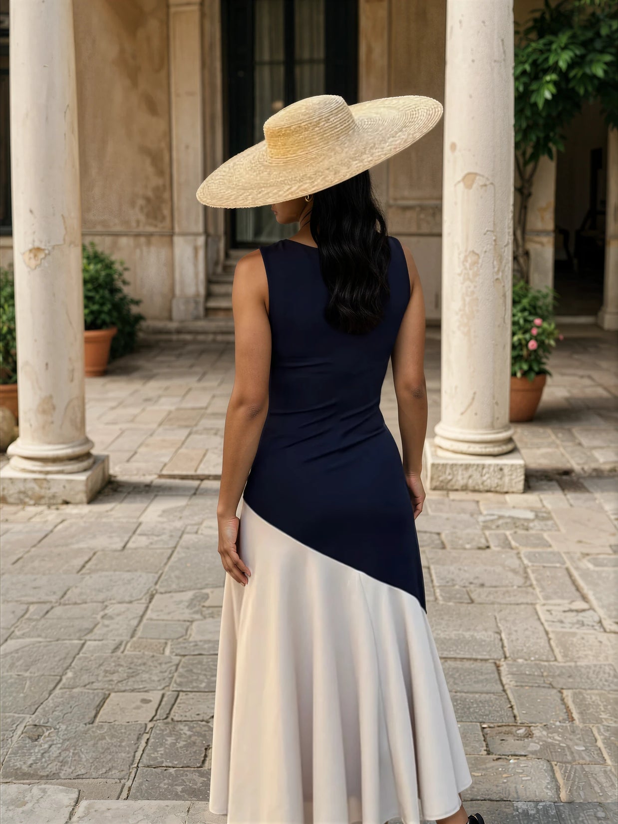 Vestido Clarisa / primavera azul marino y beige