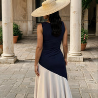 Vestido Clarisa / primavera azul marino y beige