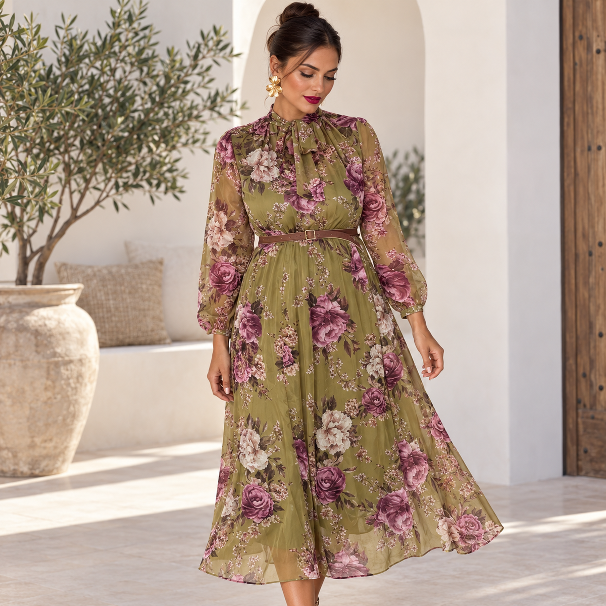 Vestido Emma Verde oliva y buganvilla