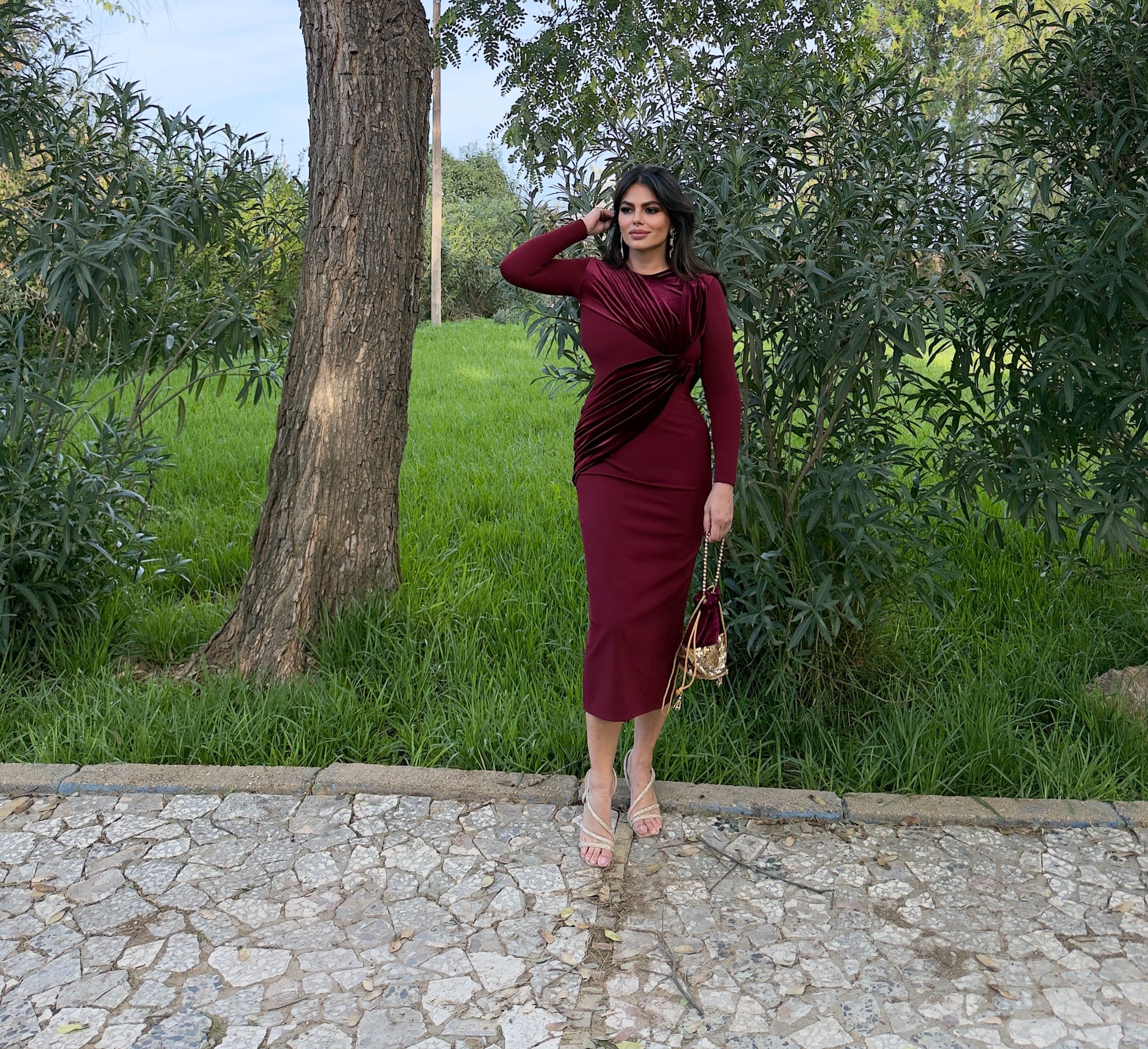 Vestido Vergara Terciopelo Burdeos