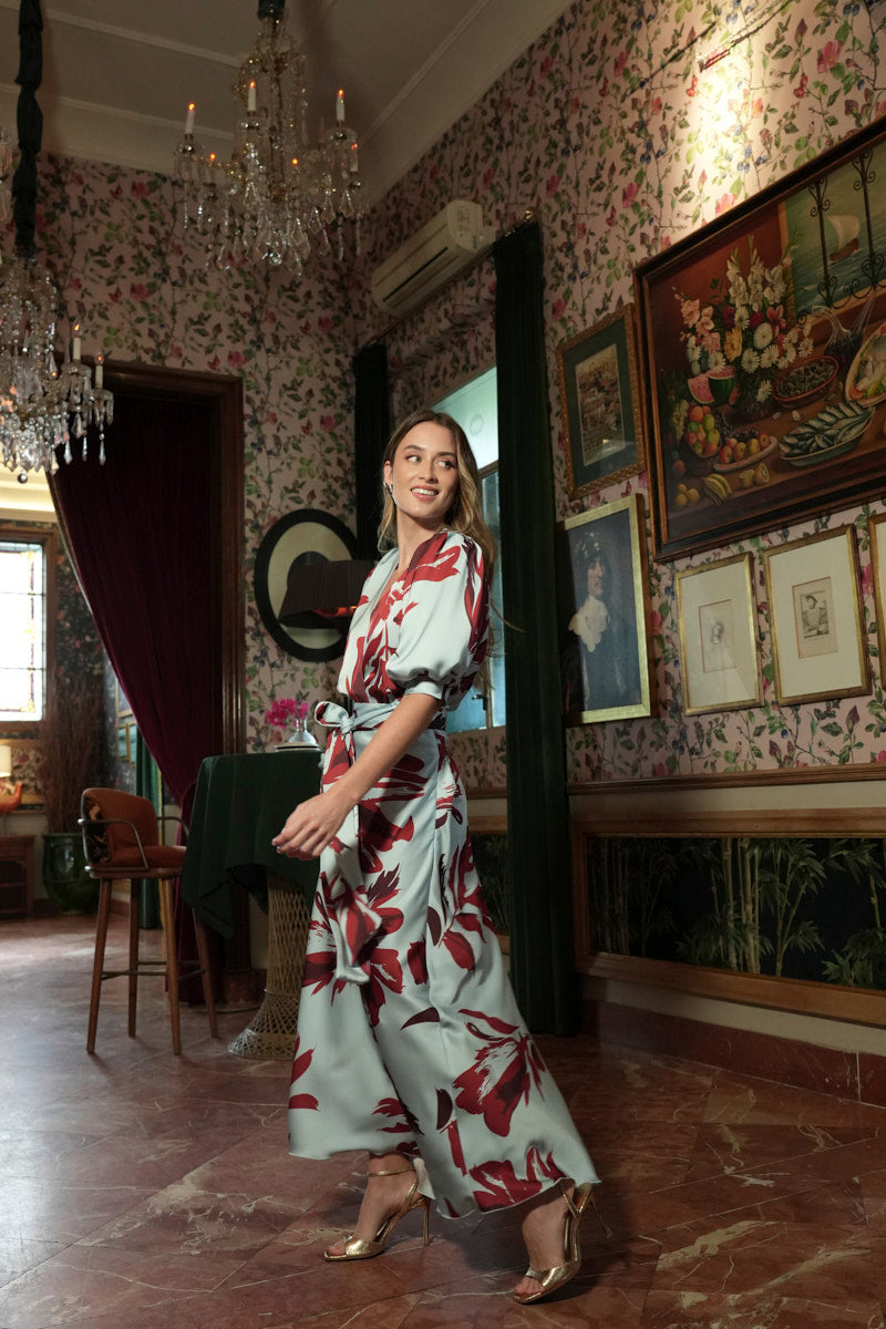 Vestido Lira raso estampado celeste burd