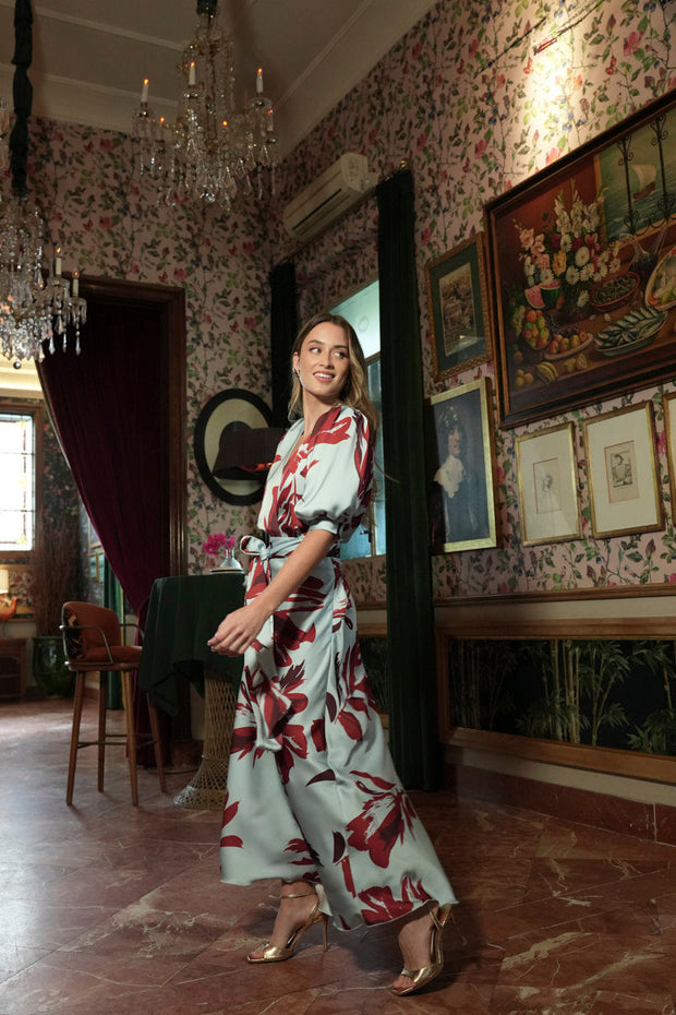 Vestido Lira raso estampado celeste burd