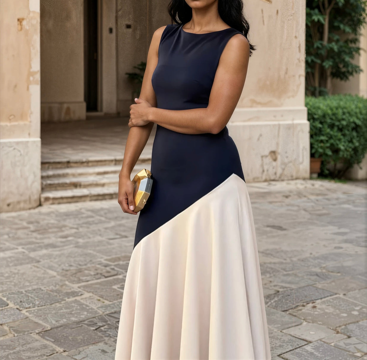 Vestido Clarisa / primavera azul marino y beige
