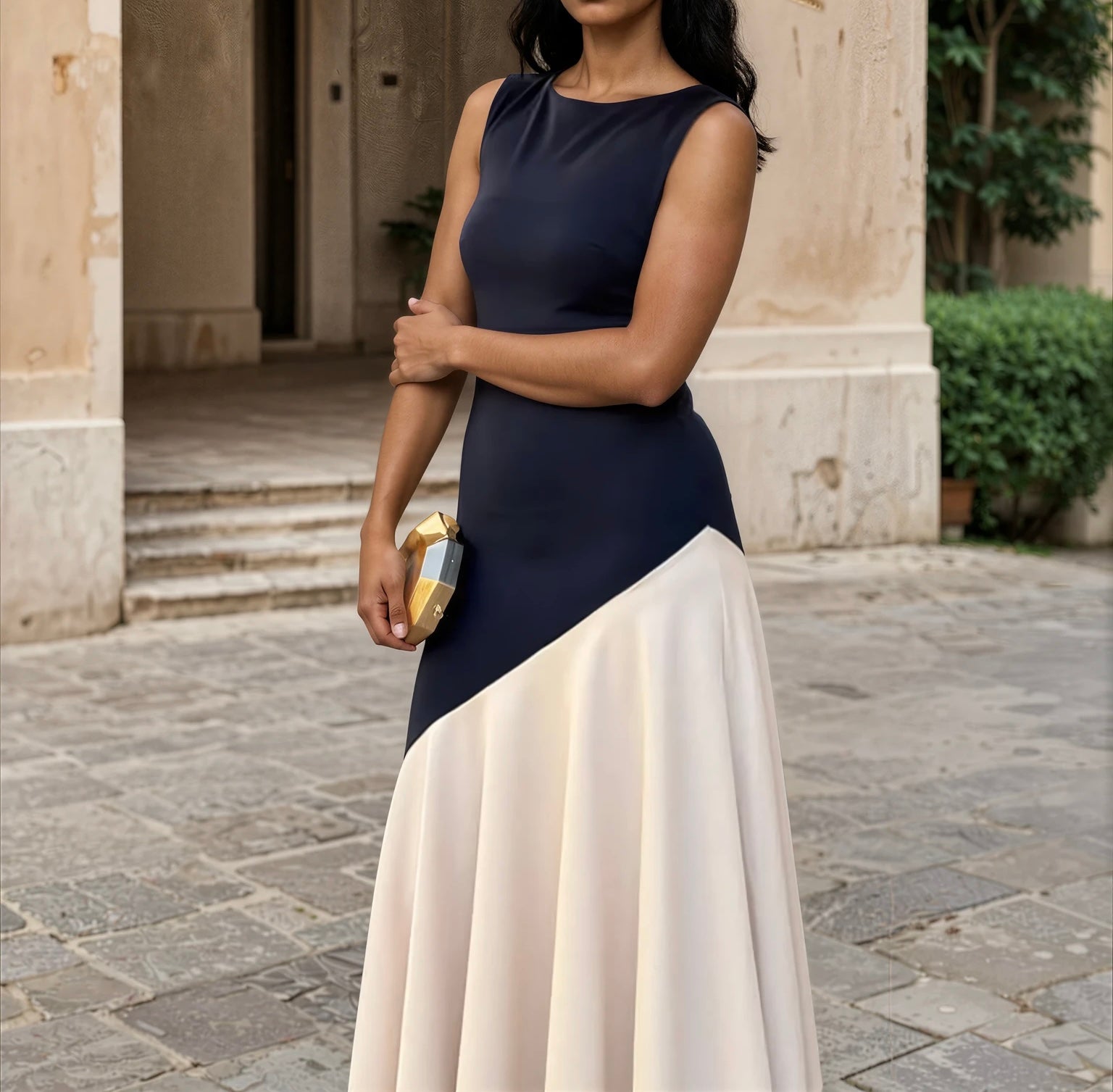 Vestido Clarisa / primavera azul marino y beige