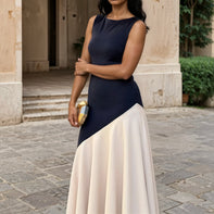 Vestido Clarisa / primavera azul marino y beige