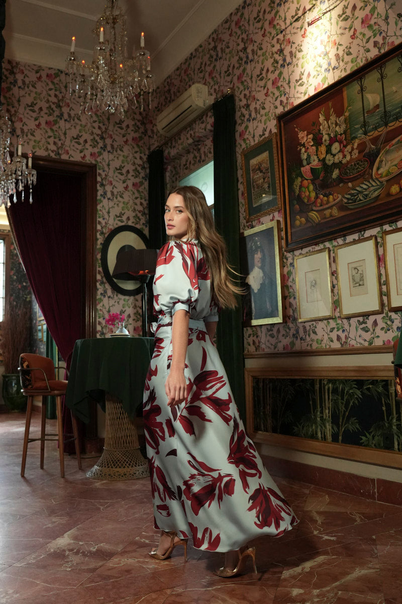 Vestido Lira raso estampado celeste burd