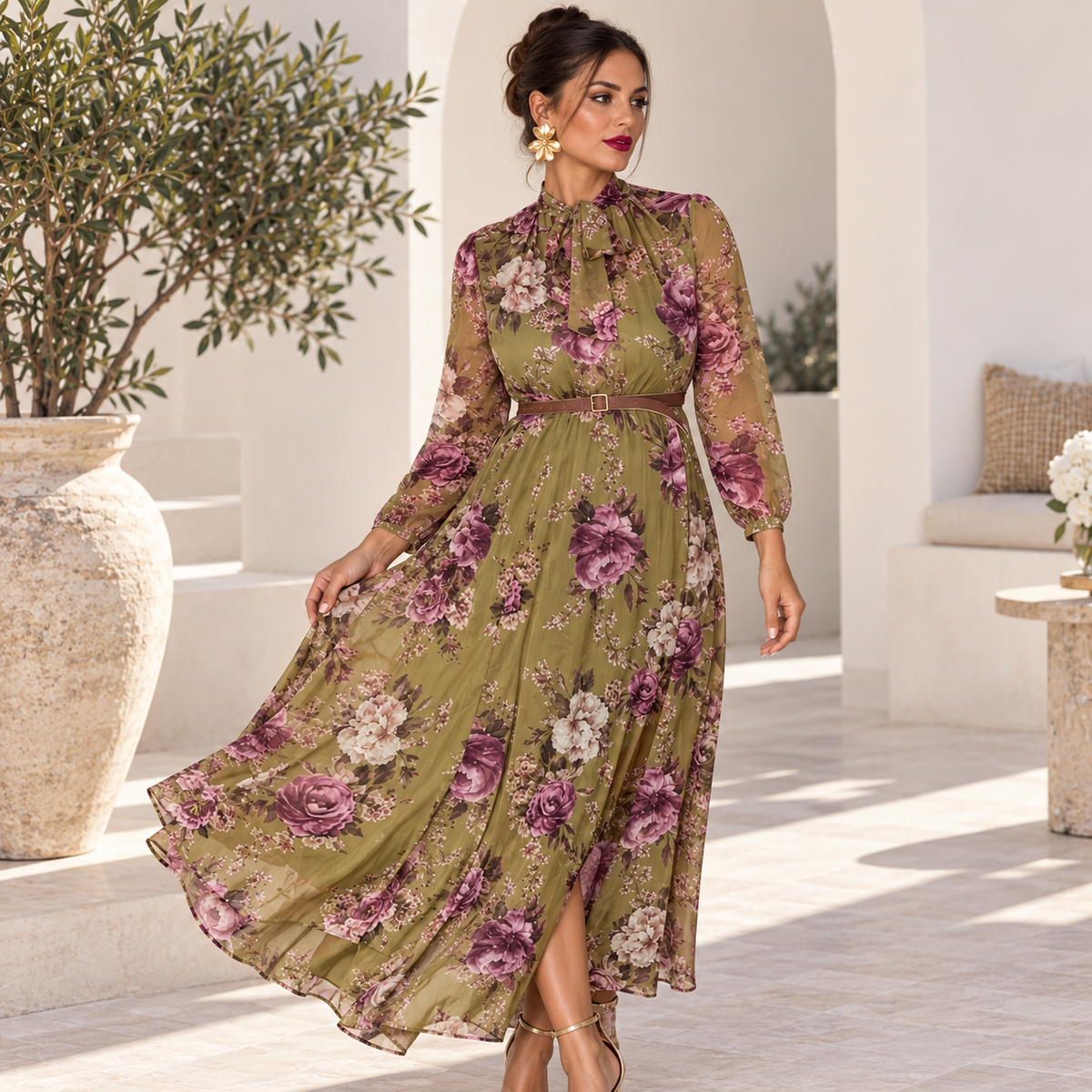 Vestido Emma Verde oliva y buganvilla