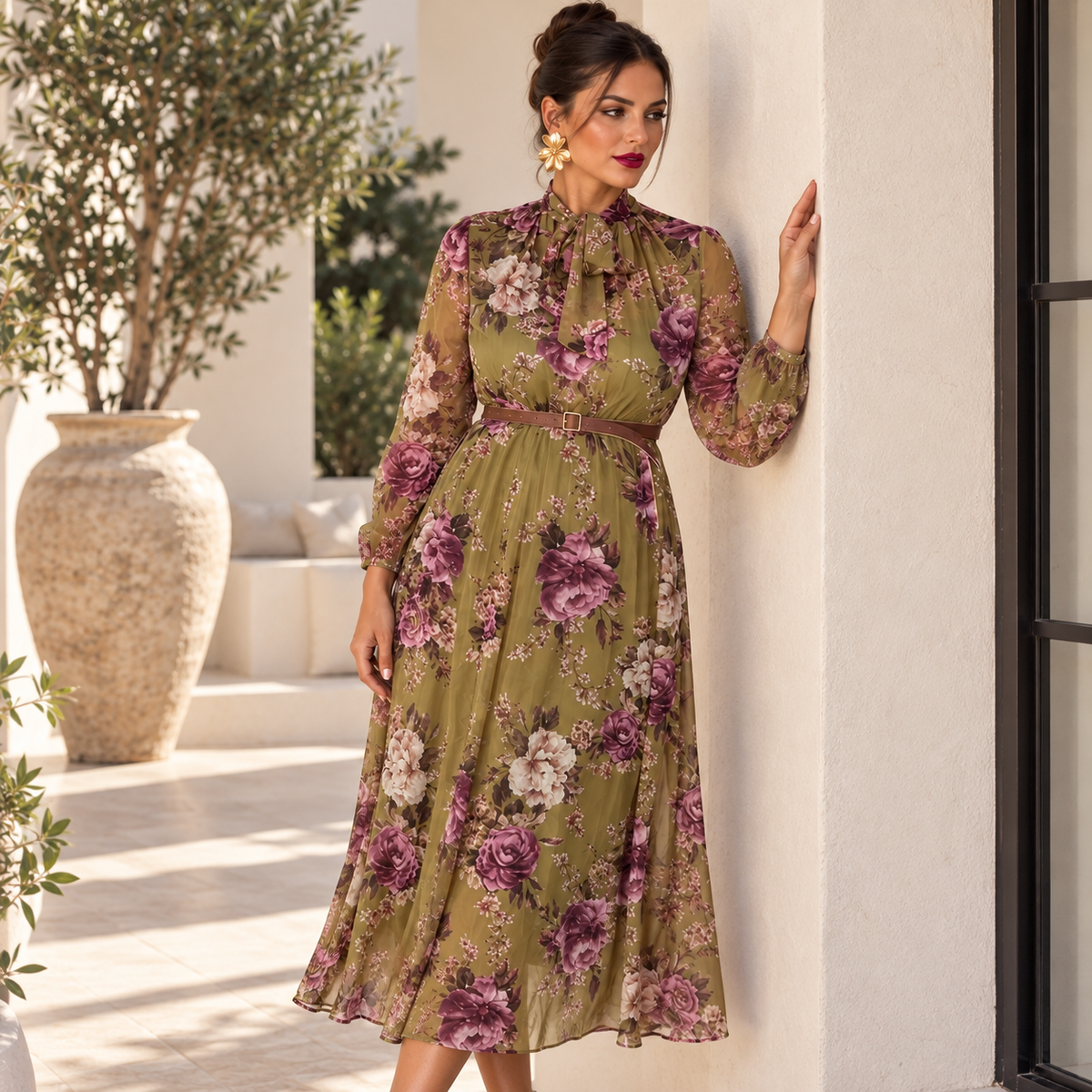 Vestido Emma Verde oliva y buganvilla