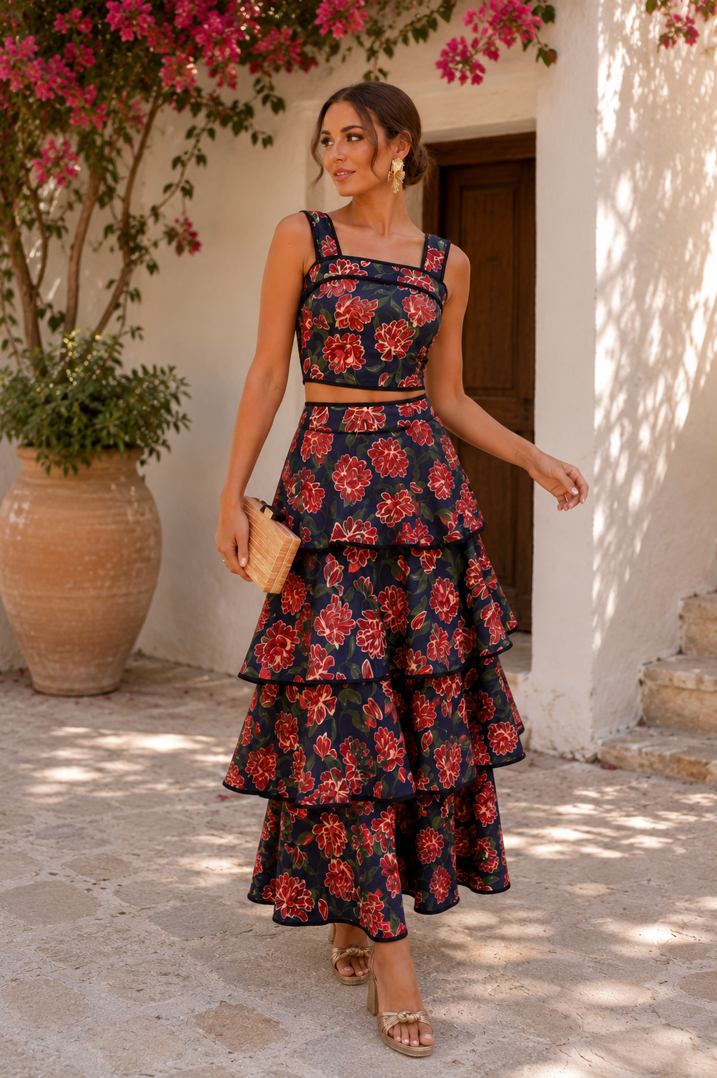 Conjunto Lina estampado floral con falda de volantes azul