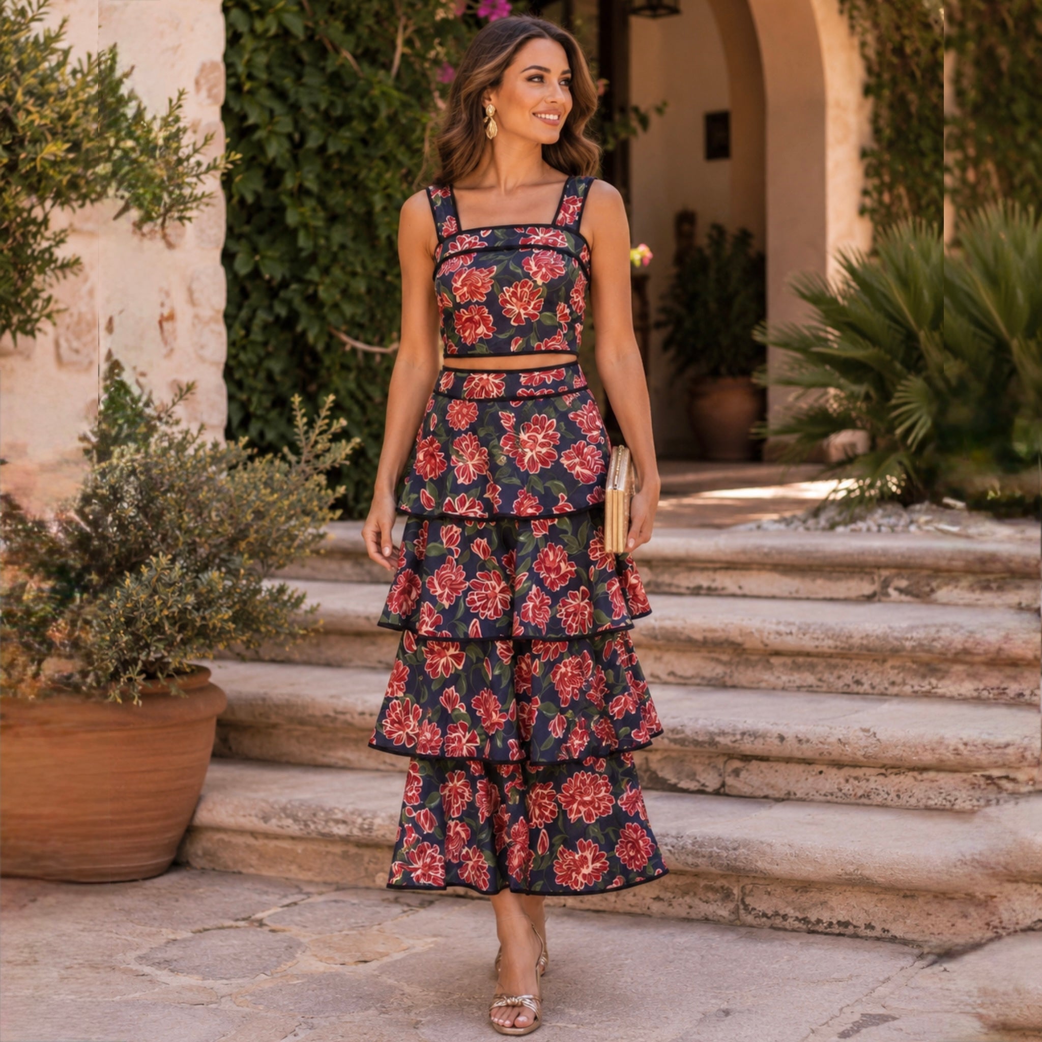 Conjunto Lina estampado floral con falda de volantes azul