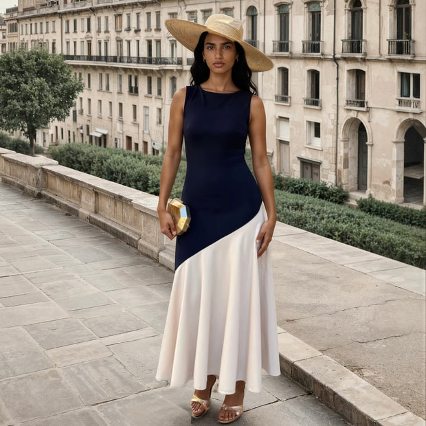 Vestido Clarisa / primavera azul marino y beige